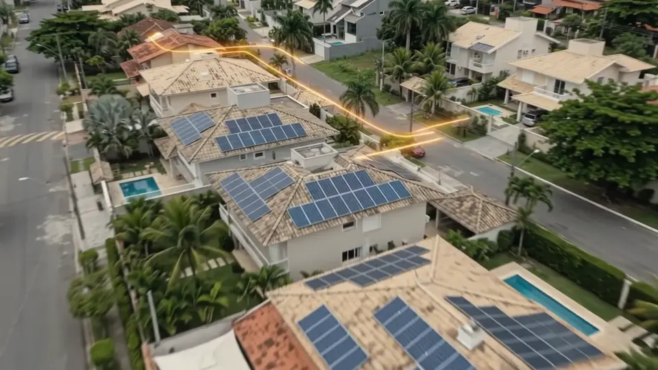 Vista aérea de telhados de casas com painéis solares instalados